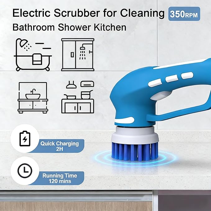 RICHOOSE Cordless Electric Spin Scrubber with 6 Brush Heads & 2 Rechargeable Batteries, Power Scrubber for Shower Tile Grout Tub Bathroom Cleaning, IPX7 Waterproof Handheld Scrubber