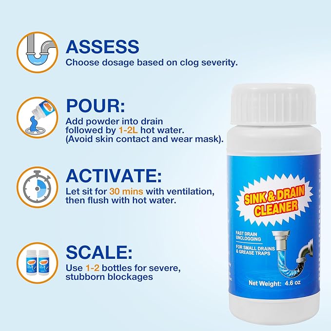 Sink and Drain Cleaner Powder - Powerful Powdered Drain Clog Remover for Kitchen Pipes & Tubs - Fast Acting Formula Immediate Relief Sluggish（130gx4 Pack）