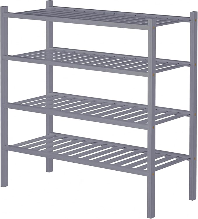 ROMGUAR CRAFT 4 Tier Bamboo Shoe Rack for Closet Free Standing Wood Shoe Shelf for Entryway Small Space Stackable 27"x11"x26" (Grey)
