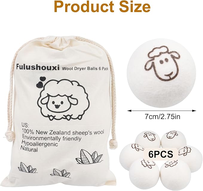 6 Pcs Wool Dryer Balls, Reusable New Zealand Natural Fabric Softener & Static Reducer Wool Laundry Balls for Dryer to Reduce Wrinkles & Shorten Drying Time, for Pet Hair & Laundry, with Storage Bag