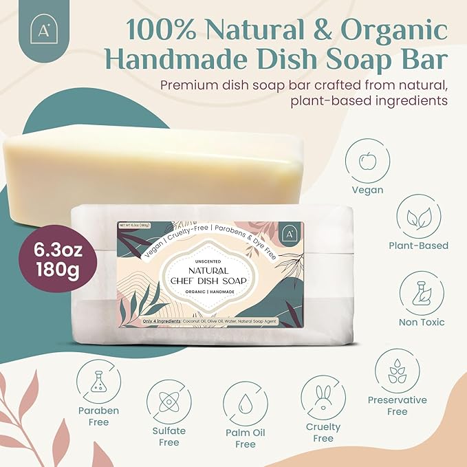 All Natural Dish Soap Bars - Bar Soap for Dishes, Biodegradeable Dish Soap Block, Kitchen Soap, All Natural Non Toxic, Low Waste Kitchen Dishwashing Bar Soap-Unscented, (3 Pack, 6.3oz)