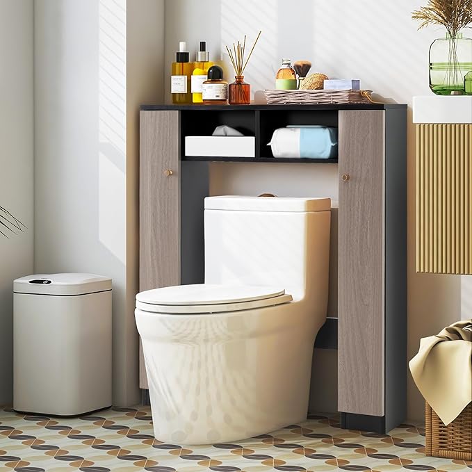 Giantex Short Over The Toilet Storage Cabinet, Bathroom Organizer w/2 Open Compartments & 4 Adjustable Shelves, Freestanding Space Saver Above Toilet Storage for Restroom, Laundry Room (Black+Oak)