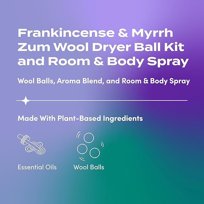 Zum Wool Dryer Balls Kit Plus Zum Mist - 3 Wool Balls with Essential Oil Blend & Room & Body Mist - Frankincense & Myrrh