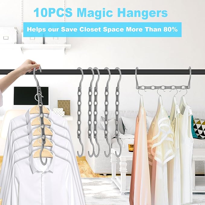 DUCOO Space Saving Hangers 10 Pack, Heavy Duty Magic Cascading Hanger Organizer with 5 Enclosed Anti-Slip Holes, Closet Organizers and Storage for Clothes, College Dorm Room Essentials, Gray