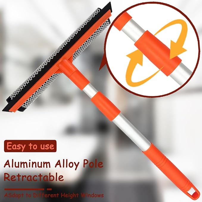 Window Squeegee for Window Cleaning with Retractable Pole, Squeegee Window Cleaner Tool 2 in 1 Car Window Cleaning Tool Telescopic Window Washing Equipment, Shower Squeegee for Glass Door