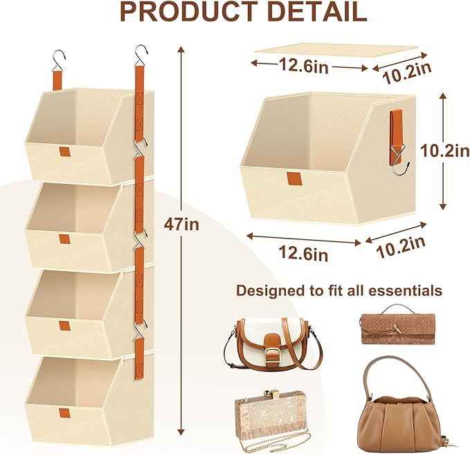 MSJGA 4-Tier Hanging Closet Organizer and Storage with Detachable Bins, Fabric Hanging Shelves for Closet, Dorm, Rv, Space-Saving Collapsible Basket for Handbags, Clothes (47” H)