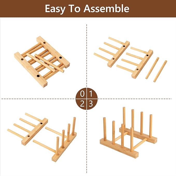 HBlife 4pcs Bamboo Dish Plate Bowl Cup Book Pot Lid Cutting Board Drying Rack Stand Drainer Storage Holder Organizer Kitchen Cabinet（Keep Dry）