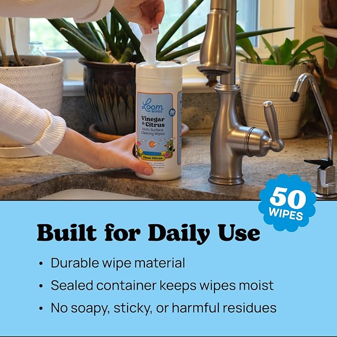 Loom Wipes All Purpose Natural Cleaning Wipes - Vinegar & Citrus Powered Multi Surface Cleaner - 50 Count