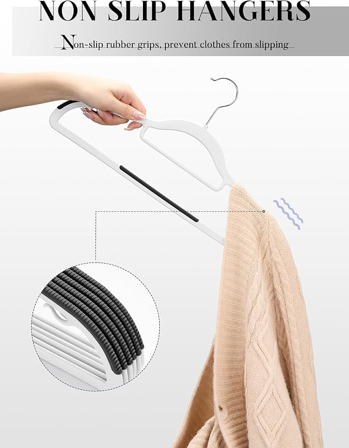 HOUSE DAY Plastic Hangers 100 Pack, White Clothes Hangers Non Slip with Rubber Grip, Heavy Duty Hanger with 360º Swivel Metal Hook, Ultra Thin Hangers Space Saving for Closet Organizer