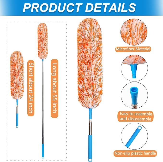 4 Pack Microfiber Feather Dusters, Up to 55 Inch Extension Pole, Cobweb Cleaner, Electrostatic Bendable Head,Telescoping Feather Dusters for Wall, Ceiling Fan, Celling, Car, Furniture