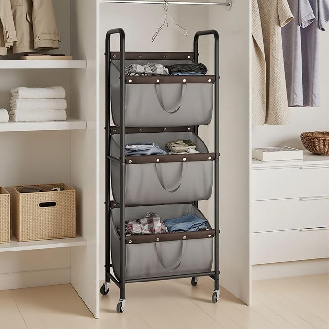 GRANNY SAYS 3 Tier Laundry Sorter, Laundry Hamper with Wheels, Laundry Room Organization and Storage, 3 Section Rolling Laundry Cart for Dorm, Bathroom, Bedroom, Closet, Grey