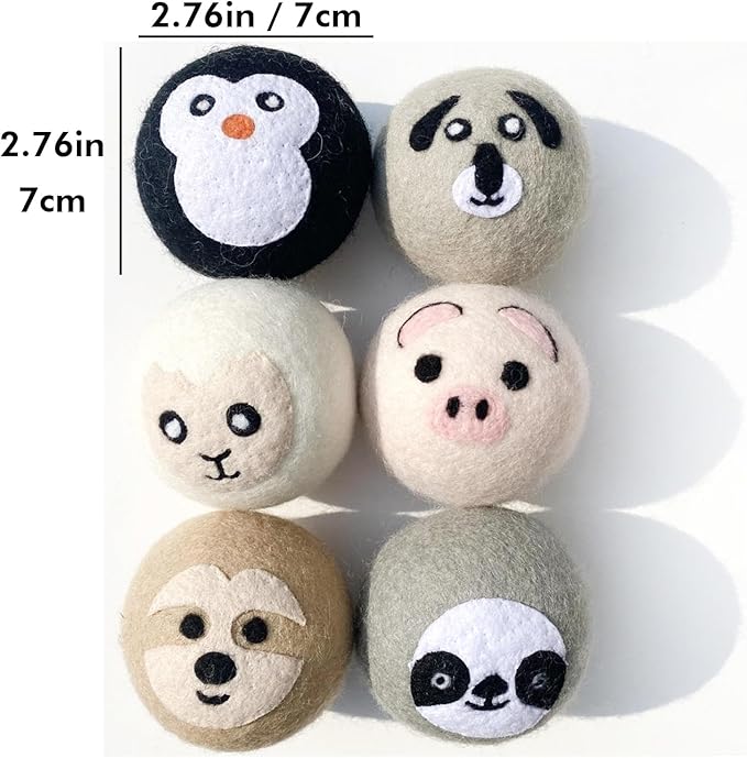 6 PCS Animal Wool Dryer Balls - Reusable Fabric Softener Dispenser Balls, Natural Downy Felt Drying Balls for Laundry (Cute Animal Shapes)