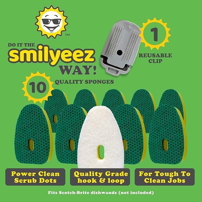 Smilyeez No Plastic Heavy Duty Green Dotted Sponge Refill (10 Pack) for Scotch Brite's Dishwand Refills with Adapter