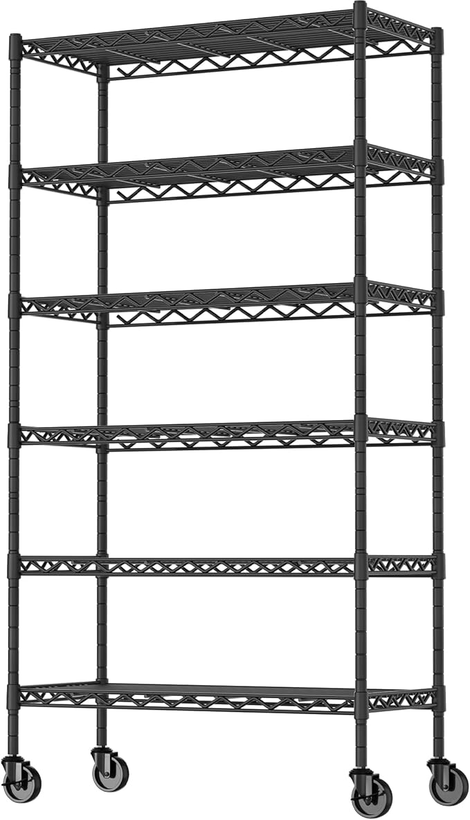 Soywey 6-Shelf Adjustable Heavy Duty Storage Shelving Unit, Metal Organizer Wire Rack for Laundry Bathroom Kitchen Pantry Closet with Wheels, Black