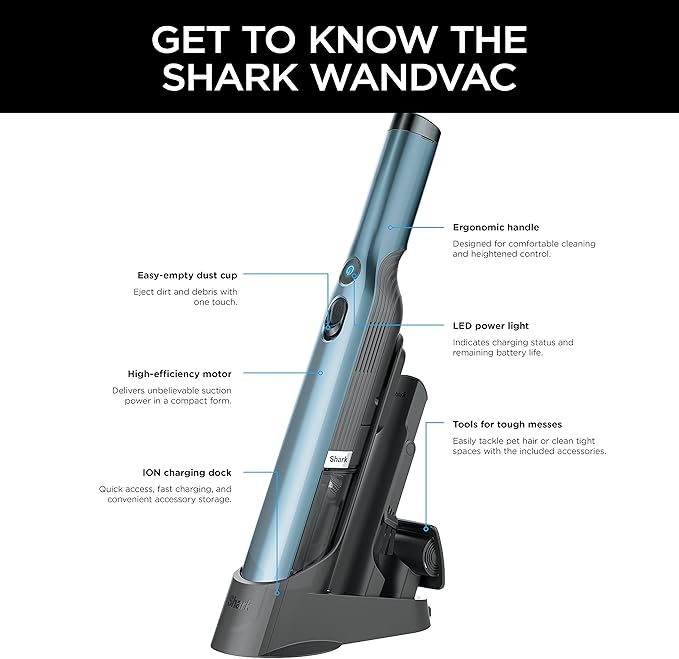 Shark WV201BLBRN WANDVAC Cordless Hand Vac, Lightweight and Portable at 1.4 lbs. with Powerful Suction, Charging Dock, One-Touch Empty for Car & Home, Cove Blue
