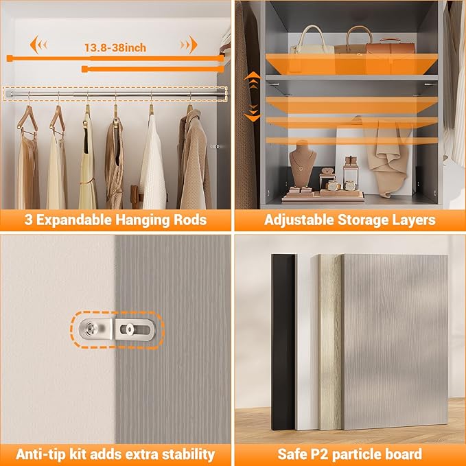 Homieasy 96 Inches Closet Organizer System, 8FT Customizable Walk In Closet Organizer with Hanging Rods, 3 Drawers Garment Rack with Leather Handle , 96" L x 16" W x 75" H, Max Load 1000 LBS, Grey