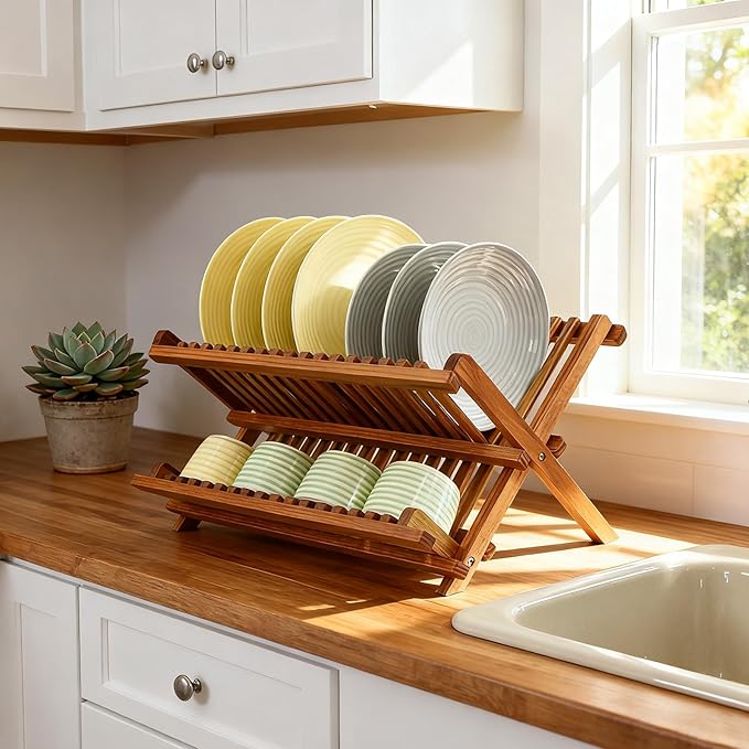 Utoplike Teak Dish Drainer Rack Collapsible 2 Tier Dish Rack Dish Drying Rack Foldable Plate Organizer Holder for Kitchen Compact Countertop