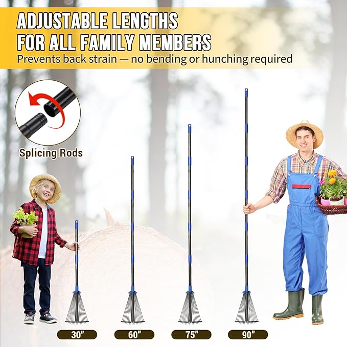 Adjustable Leaf Rake, Heavy Duty Metal Rake for Leaves, Long Handle 30"-60" with Expandable Head 8"-17", Collapsible Small Rakes for Lawns, Gardening, Yard, Camping, Shrub, Grass, Bush, Weed, Debris