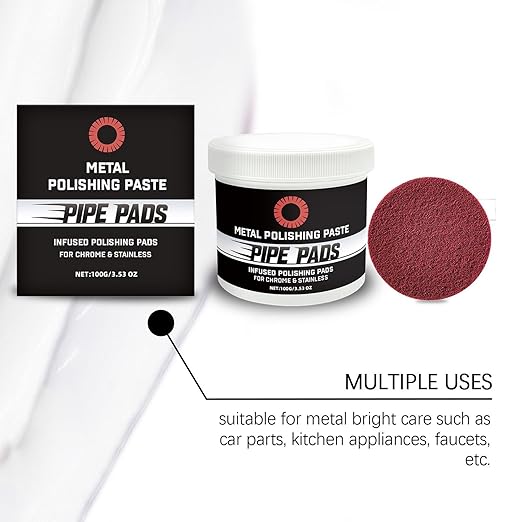 Metal Polishing Paste - Rust Buffing Cream with Pipe-Infused Pads | Restores Shine & Removes Oxidation, Tarnish, and Discoloration from Chrome, Aluminum, Brass, Exhausts, Wheels & Stainless Steel