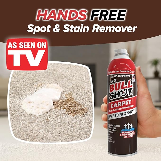 Horsepower Bull Shot Carpet Spot & Stain Remover, AS SEEN ON TV, Made In USA, Just Point & Spray, Stain-Lifting Foam-Action, Pet Stains & Odors, Coffee, Soda, Wine, Grease, New & Old Stains & More
