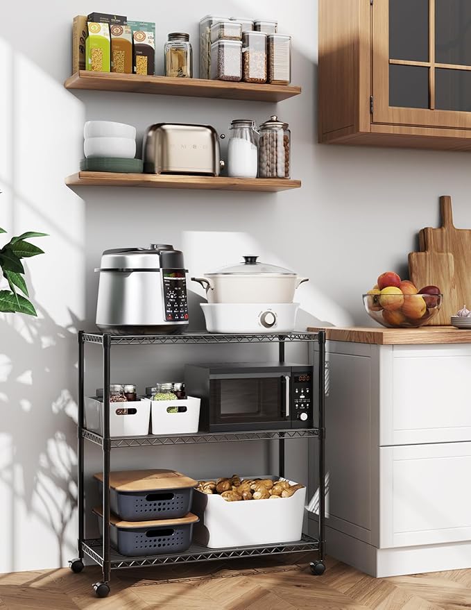 Simple Deluxe Shelving Unit - 3 Tier Shelf for Garage Storage, Black, 24.02" W x 13.78" D x 29.92" H, 750 Lbs Capacity, Adjustable Shelves, Leveling Feet, Caster Wheels for Easy Mobility,Black