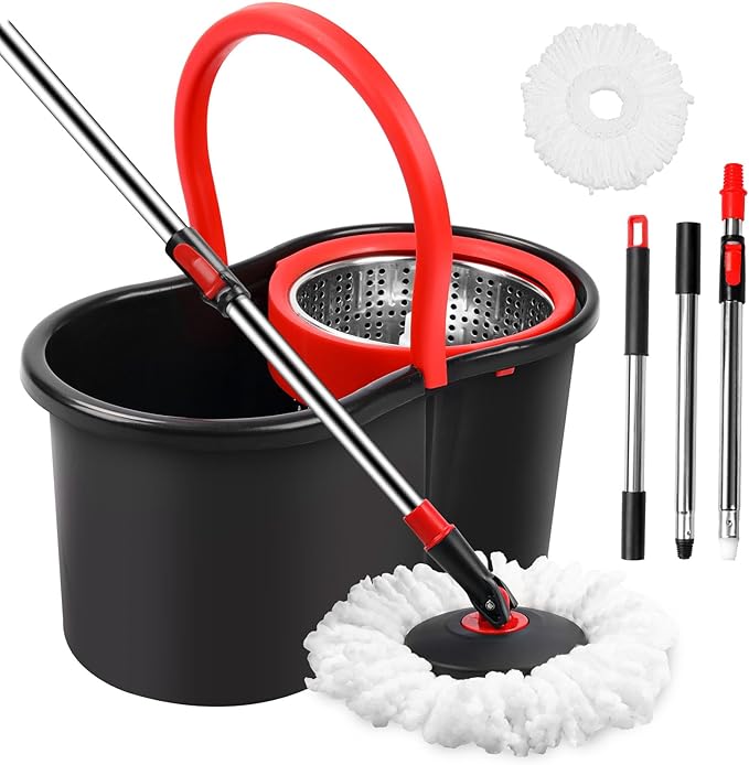 Spin Mop and Bucket, Mop and Bucket with Wringer Set for Home, 360 Spinning Mop Bucket Floor Cleaning Tool with One Microfiber Mop Replacement Head Refills,50" Extended Handle for Floor Cleaning Home