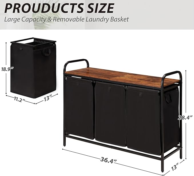 3 Section Laundry Hamper with Shelf, Laundry Basket Organizer with 3 Pull-Out Removable Bags 3×12.3Gal(46.6L), Laundry Sorter for Clothes Organization in Bedroom, Laundry Room, Brown