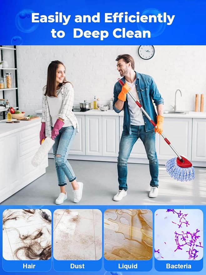 Small Spin Mop Replacement Head Compatible with Ocedar 2 Tank RinseClean, 4 Mop Heads +1 Stick+1 Base , Microfiber Mop Refills and 30-58in Handle, Easy-to-Replace(Blue,2 Tank)
