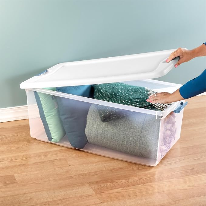 Sterilite 8-Pack Latching Box, Under Bed Storage Bins with Lids, Clear Plastic, 106 Quart - Heavy-Duty Organizing Containers for Closet, Bathroom, and Office
