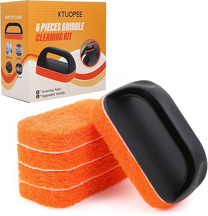 Upgraded 6-Piece Griddle Cleaning Kit for Blackstone, Flat Top Grill Cleaner Non-Scratch Scouring Pads for Kitchen - Heavy-Duty 5 Griddle Scrubber Pads with 1 Handle