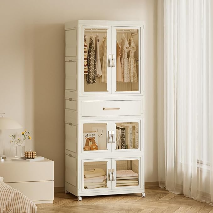 Large Portable Kids Closet Children's Armoire Adults Clothes Wardrobe Closet with Drawers and Doors, Collapsible Baby Costume Storage Organizer Kids Dress Up Storage Cabinet with Hanging