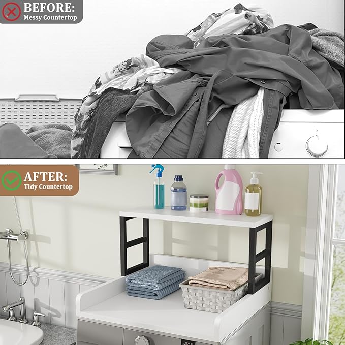 Washer Dryer Countertop with Shelf, 27.5″D x 27.5″W x 16.7″H, Countertop for Washer and Dryer Top with Non-Slip Pads and Edge Rails, Laundry Room Storage and Organization(White)