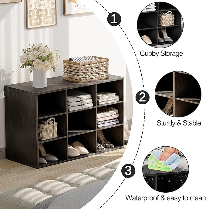 Garden 4 you Shoe Storage Bench, Cubby Shoe Rack with 9 Cubbies, 3-Tier Wood Shoe Rack Organizer, Shoe Organizer Cabinet for Entryway, Hallway, Closet and Garage, Black
