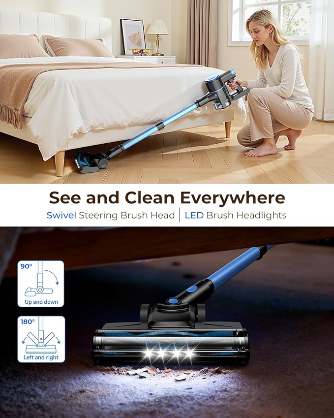 N8 Cordless Vacuum Cleaner,Lightweight Stick Vacuum with Powerful Suction,2200mAh Battery,40 Mins Runtime,Self-Standing,Rechargeable Vacuum Cleaners for Home Hardwood Floor Carpet Pet Hair (Blue)