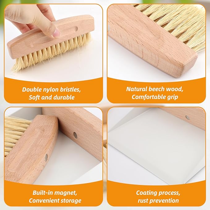 Small Dustpan and Brush Set with Wooden Handle,Mini Metal Crumb Sweeper for Countertops,Desk,Pet Hair,Car,Portable Cleaning Tools for Kitchen,Camping,Sofa (White)
