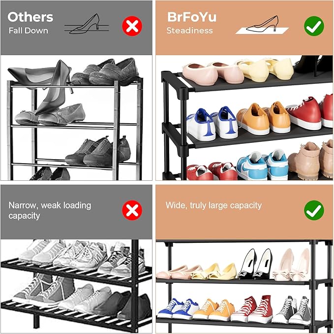 32.3" Widening Design Shoe Rack for Closet 16 Pairs Small Spaces Non-Woven 3 Tier Shoe Organizer Stackable Metal Shoe Shelf for Entryway, Bedroom