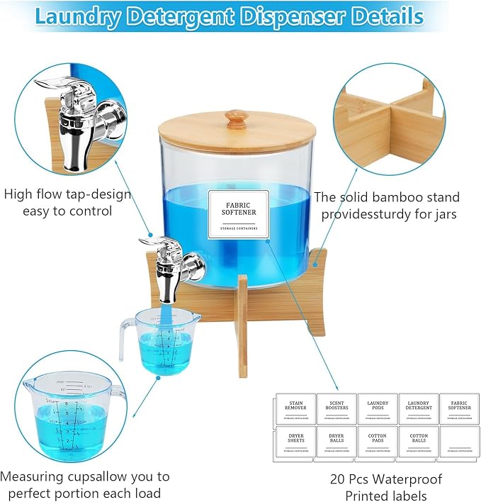 Liquid Laundry Detergent Dispenser, 10 Set Laundry Room Organization Laundry Pods Container & Dryer Sheet Holder with Lids & Labels, Fabric Softener Dispenser for Detergent Powder Dryer Balls Beads