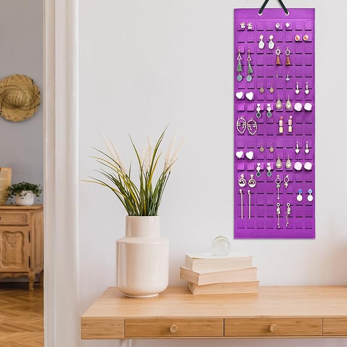 Lolalet Hanging Earring Holder Organizer with 20 Hooks for Women, Earring Organizer Wall Earrings Hanger Pierced Earring Storage, Felt Stud Earring Display, 608 Holes for Earrings - Purple, 1 Pack