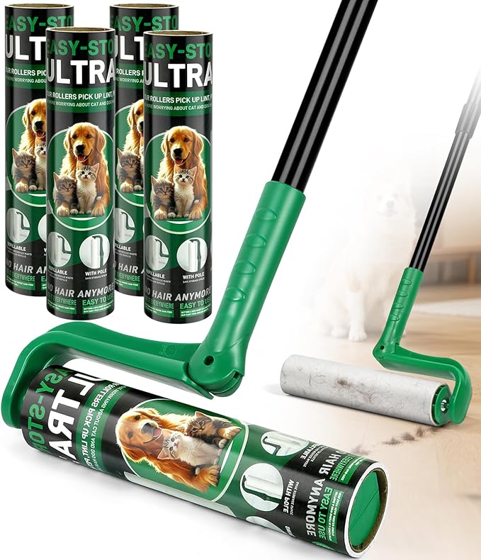 10" Large Lint Roller for Pet Hair Extra Sticky with Extra 3 Refills, Long Handle Floor Sticky Rollers with Big Lint Rollers Refills for Cleaning Carpets, Cars, Furniture