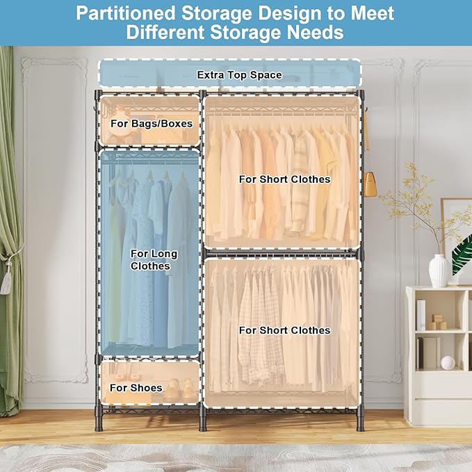 Ulif F7 Medium Garment Rack, Heavy Duty Clothes Rack, Clothing Racks for Hanging Clothes, 6-Tiers Freestanding Portable Closet Storage Rack 45'' W × 14.6'' D × 76.6'' H, Max Load 750 Lbs, Black