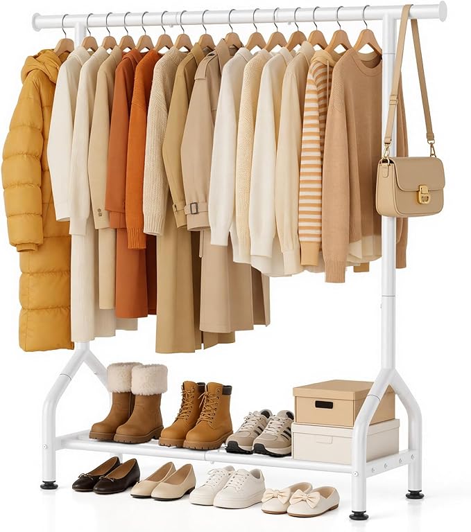 EAGMAK Sturdy Clothing Rack with Shelf, Metal Garment Rack with Leveling Feet for Hanging Clothes, Freestanding Clothes Rack for Bedroom, Apartment & Small Spaces, White