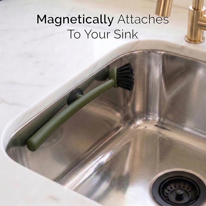 Earth & Mango Magnetic Dish Brush & Scraper, Snaps to Sink, Non-Scratch, Dishwasher Safe, Dish Scrubber – Moss Green