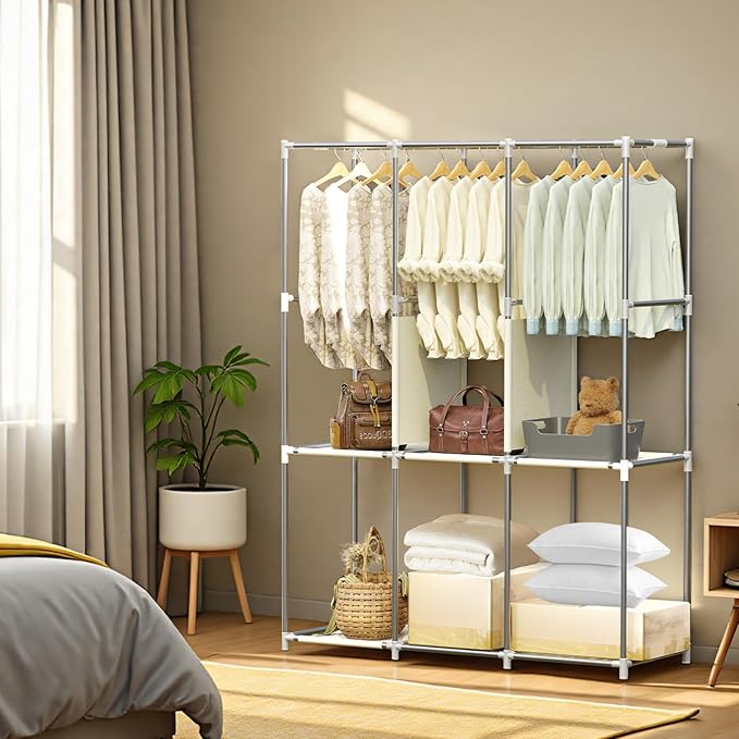 BAOKALER Portable Closet, Portable Closets for Hanging Clothes with 3 Hanging Rods and 6 Storage Shelves, Non-Woven Fabric Cover, Black Wardrobe Closet Easy to Assemble and Strong and Stable