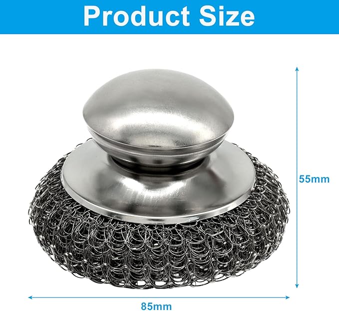 Steel Wool Scrubber with Replacement Wire Pads Set - 1 Heavy Duty Scrubber + 5 Stainless Steel Pads for Effortless Cleaning of Cast Iron, Grill Grates, Rust-Resistant Handle Design
