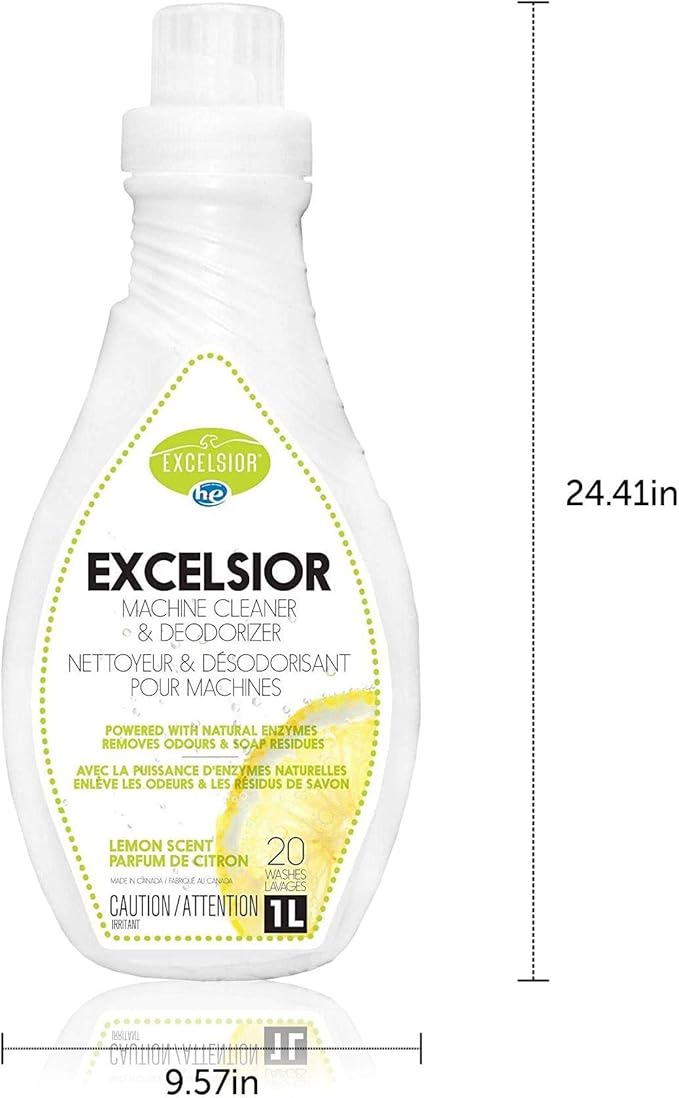 Excelsior HE Washing Machine Cleaner and Deodorizer, Removes Odors & Residues for 20 Cleanings of High Efficiency Washers, Lemon Scent, 1 Liter Bottle