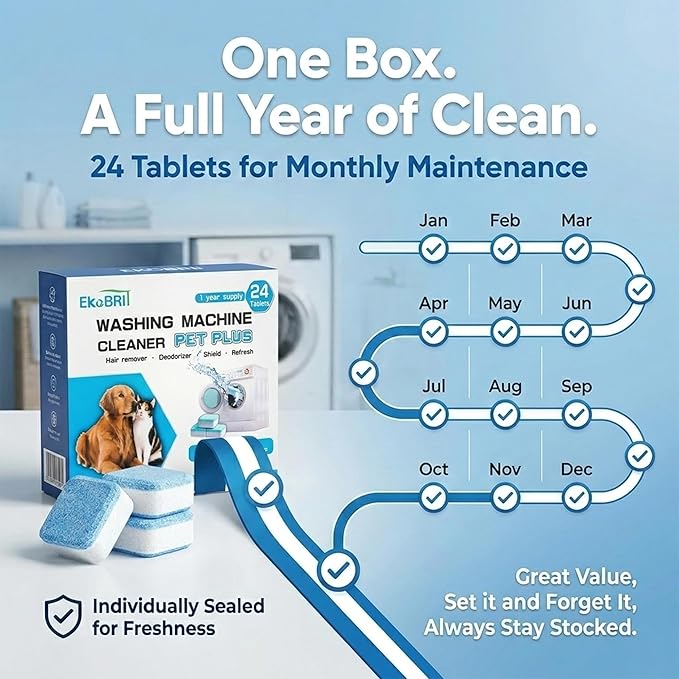 Washing Machine Cleaner Tablets 24 Pack – Deep Cleaning Washer Descaler for Front Load & Top Load Machines, Septic Safe Washing Machine Cleaning Tablets, 12 Month Supply