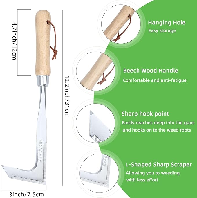 Crack Weeder, Crevice Weeding Tool with Upgrade Sharp Hook Point, L-Shaped Weed Puller Tool with Beech Wood Handle, Efficient Manual Weeder for Sidewalk, Paver, Narrow and Wall Gaps