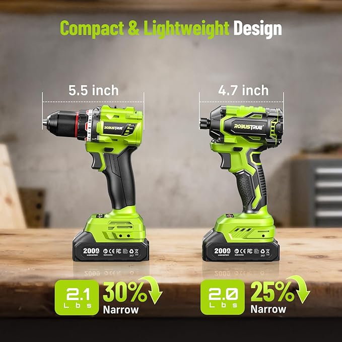 21V Cordless Drill & Impact Driver Combo Kit, 3/8" Drill & 1/4" Impact Driver, 2×2000mAh Batteries, Fast Charger, 16-Piece Bit Set for DIY Projects, Furniture Assembly & Home Repairs