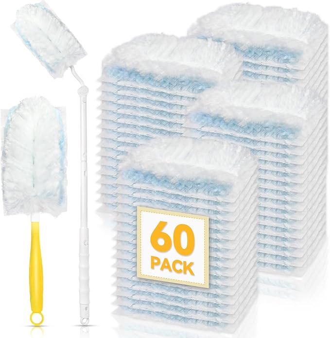 60 Pack Dusters Refills Compatible with Swiffer Duster Handle Models, 180° One Sided Duster Refills for Short and Extendable Handles, with 1 Pack Extendable Handle + 1 Short Handle