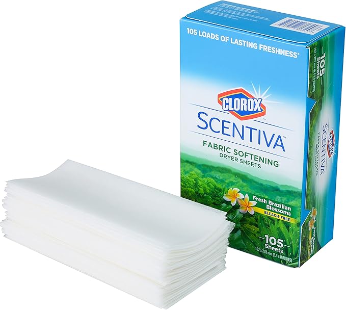 Clorox Scentiva Fabric Softener Dryer Sheets, Fresh Brazilian Blossoms Scent - Wrinkle Reducing Scented Softening Laundry Dryer Sheets for Great Smelling Clothes, 105 Count